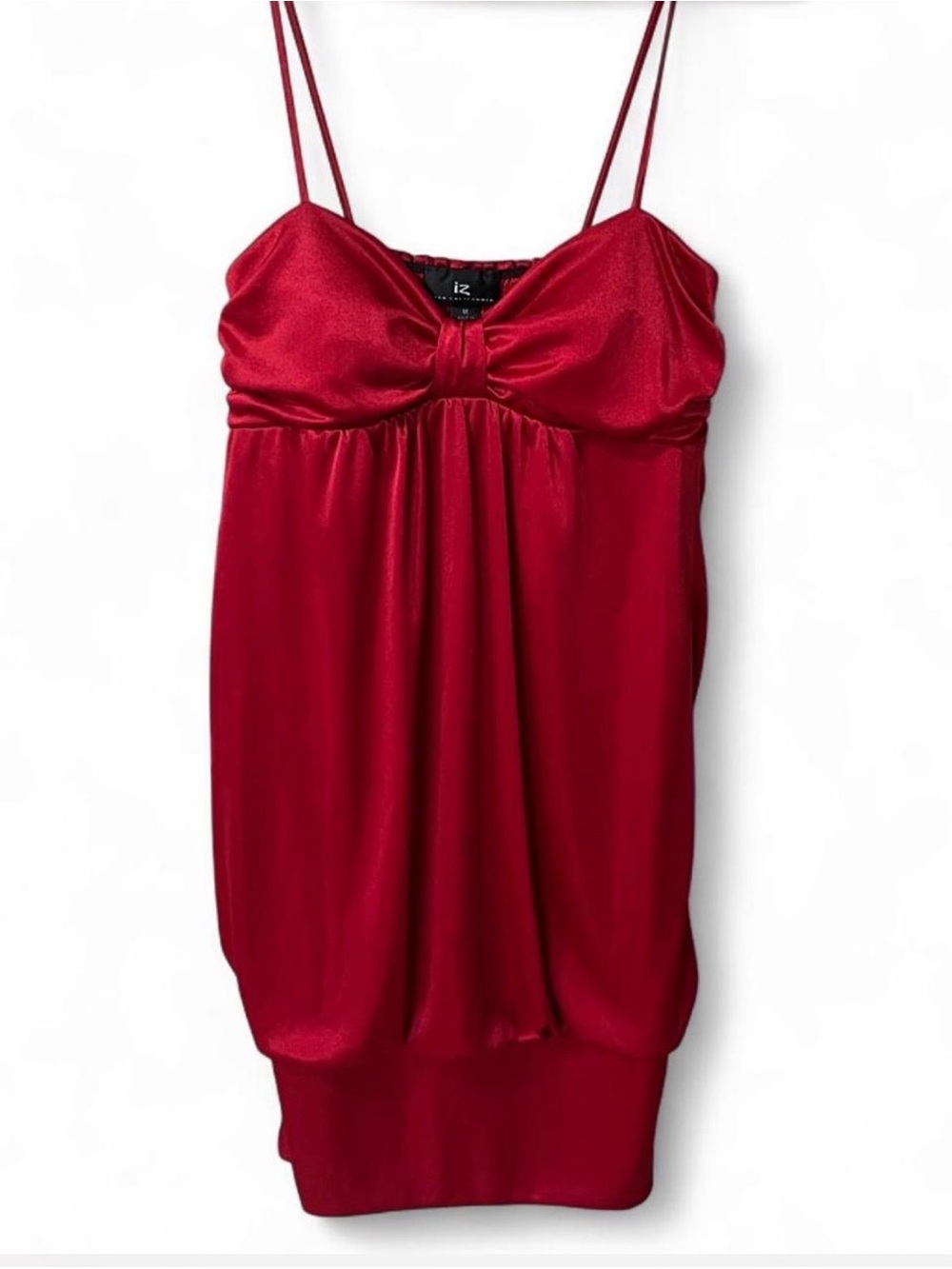 IZ Byer Red Satin Spaghetti Strap Bubble Hem Dress
